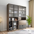 Modern Bookcase with Glass Doors Multiple Compartments Books Decorations Drawers Green Plant and Table Lamp