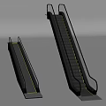 Modern Escalators with Metal Handrails Black Steps and Yellow Safety Lines