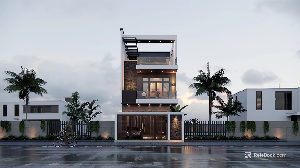 Modern Style Detached Villa Exterior With Balcony Palm Trees Front Road And Cyclist 3d model 