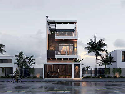 Modern Style Detached Villa Exterior With Balcony Palm Trees Front Road And Cyclist 3d model