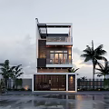 Modern Style Detached Villa Exterior With Balcony Palm Trees Front Road And Cyclist