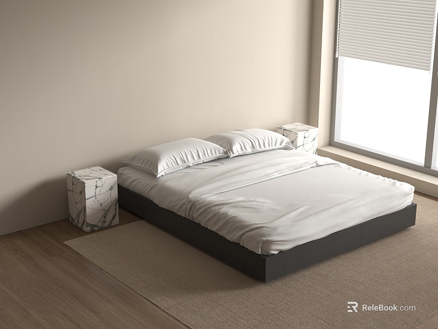 Modern Single Bed With White Sheets Pillows And Marble Nightstands On Wooden Floor By Window With Blinds 3d model 