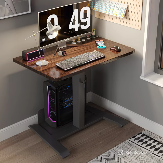 Modern Wooden Computer Desk With Monitor Keyboard Mouse And PC Case 3d model 