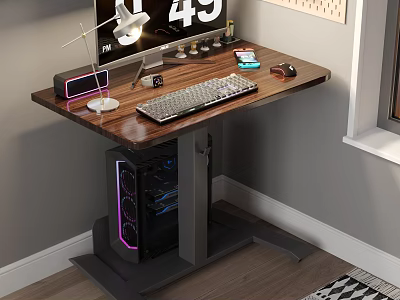 Modern Wooden Computer Desk With Monitor Keyboard Mouse And PC Case 3d model