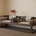 Traditional Luohan Bed with Dark Wood Frame Light Cushions Small Coffee Table and Decorative Vase