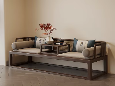 Traditional Luohan Bed with Dark Wood Frame Light Cushions Small Coffee Table and Decorative Vase 3d model