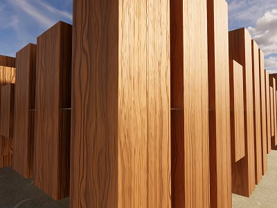 Wooden Structure With Vertical Planks Clear Wood Grain Against Blue Sky And White Clouds 3d model