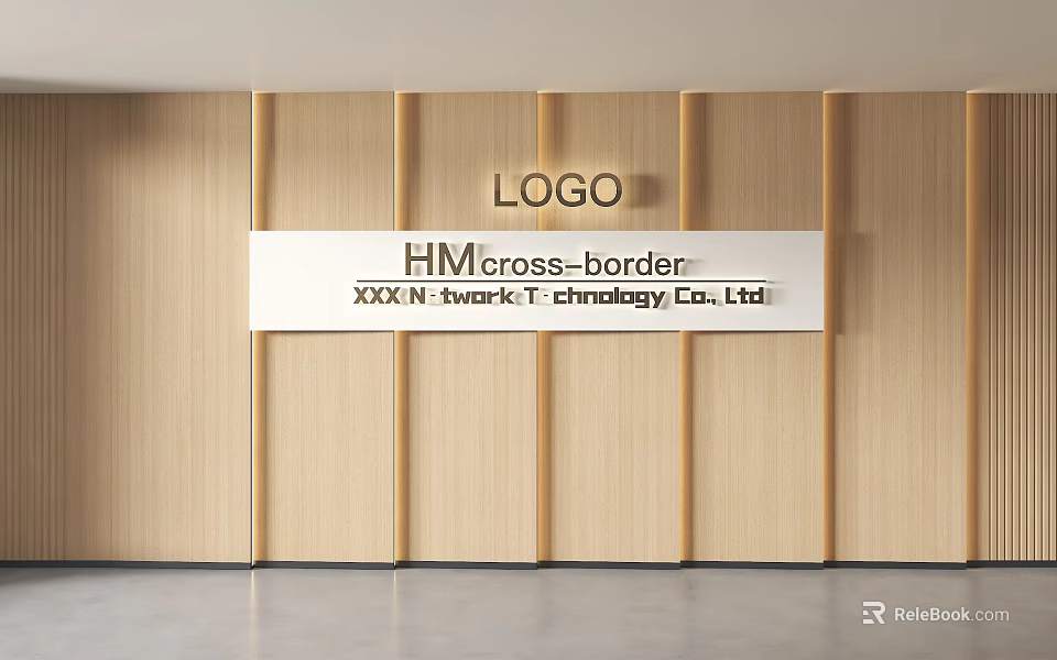 Wooden Background Wall With Vertical Slats Featuring Logo HM Cross border And Company Name 3d model 