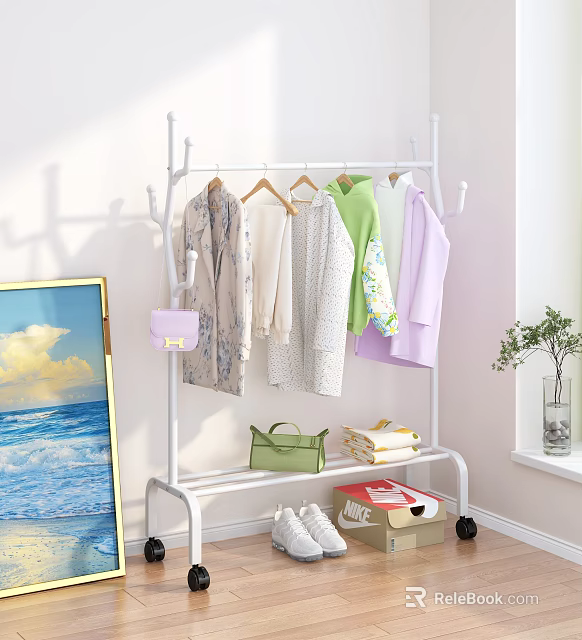 Modern Clothes Rack With Hanging Clothes Handbag Folded Clothes And Shoes 3d model 