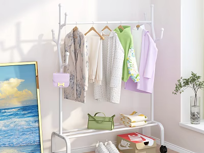 Modern Clothes Rack With Hanging Clothes Handbag Folded Clothes And Shoes 3d model