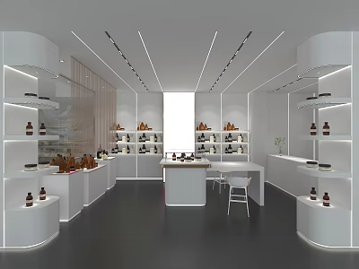 Modern Minimalist Store Interior With White Display Shelves And Product Displays 3d model