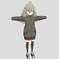 Woman with Long Hair in Gray Jacket Red Plaid Skirt Black Stockings and Arms Outstretched