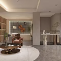 Modern Study Room Interior With Illuminated Shelves Desk Chair And Violin Decor