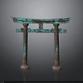 Traditional Torii Gate Structure With Turquoise Copper Patina And Rusted Columns