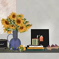 Decorative Ornament Set with Sunflower Bouquet Blue Vase Black Photo Frame Colorful Mug and Books