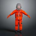Astronaut In Orange Spacesuit With Helmet Standing Full Body Isolated On Gray Background