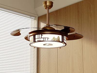 Elegant Golden Chandelier In Modern Interior With Wooden Walls And Window Blinds 3d model