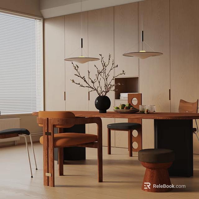 Modern Dining Table Set with Chairs Stools Pendant Lights Vase Branches and Fruits in Modern Interior 3d model 