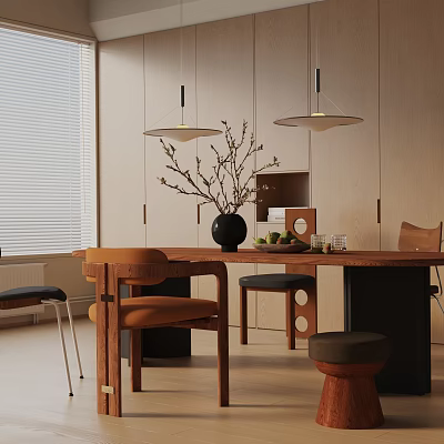 Modern Dining Table Set with Chairs Stools Pendant Lights Vase Branches and Fruits in Modern Interior 3d model