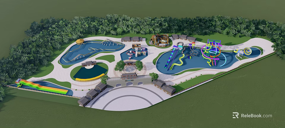 Scenic Water Park Landscape With Colorful Slides Blue Pools Green Lawns Surrounding Trees And Rainbow 3d model 