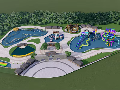 Scenic Water Park Landscape With Colorful Slides Blue Pools Green Lawns Surrounding Trees And Rainbow 3d model