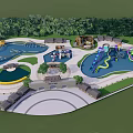 Scenic Water Park Landscape With Colorful Slides Blue Pools Green Lawns Surrounding Trees And Rainbow