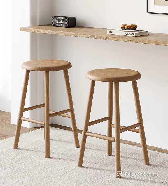 Two Modern Wooden Bar Stools For Kitchen Counter With Round Seat And Slim Legs 3d model 