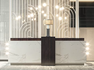 Hotel Lobby Reception With Marble Countertop Dark Wood Frame And Geometric Pattern Screen Lighting 3d model