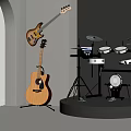 Modern Music Space With Hanging Bass Guitar Standing Acoustic And Drum Set