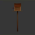 Wooden Birdhouse With Red Roof And Platform Base On Wooden Pole