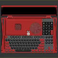 Red Portable Electronic Device With Screen Showing Beach Scene Palm Tree Car And Keyboard