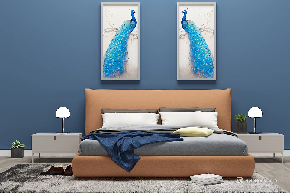 Double Bed with Orange Headboard Gray Comforter Blue Blanket Nightstands Lamps Blue Wall Peacock Art 3d model 