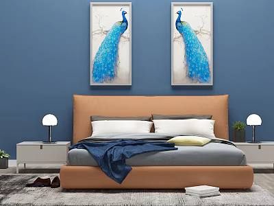Double Bed with Orange Headboard Gray Comforter Blue Blanket Nightstands Lamps Blue Wall Peacock Art 3d model