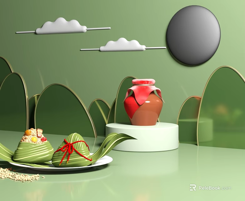 Traditional Chinese Landscape Sculpture with Green Background Red Pottery Jar Cloud Decorations and Mountain Outlines 3d model 