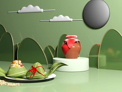 Traditional Chinese Landscape Sculpture with Green Background Red Pottery Jar Cloud Decorations and Mountain Outlines 3d model