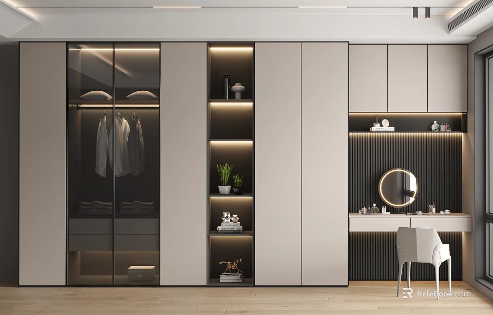 Modern Wardrobe Interior Design With Glass Doors Built-in Lights Storage Shelves And Dressing Table 3d model 