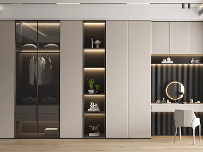 Modern Wardrobe Interior Design With Glass Doors Built-in Lights Storage Shelves And Dressing Table 3d model