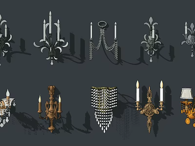 Assorted Decorative Wall Lamps Featuring Classic Candle Shapes And Ornate Designs 3d model