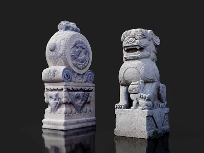 Traditional Chinese Stone Lion and Drum Garden Ornaments with Intricate Carved Patterns for Outdoor Decor 3d model