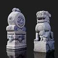 Traditional Chinese Stone Lion and Drum Garden Ornaments with Intricate Carved Patterns for Outdoor Decor