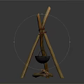 Garden Decorative Piece With Crossed Wooden Sticks Tied Red Rope Hanging Iron Cauldron And Firewood