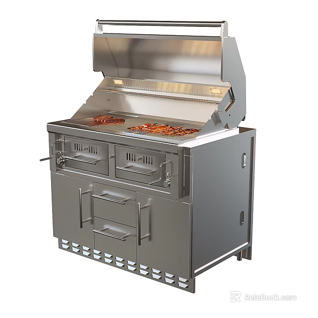 Stainless Steel Outdoor Grill Kitchen Appliance Featuring Open Lid Cooking Grates And Storage Drawers 3d model 