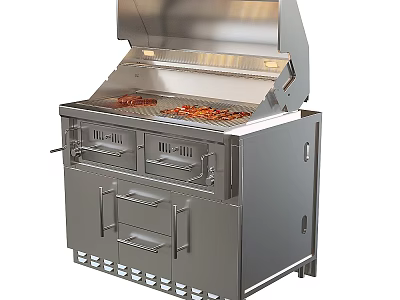 Stainless Steel Outdoor Grill Kitchen Appliance Featuring Open Lid Cooking Grates And Storage Drawers 3d model