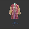 Elegant Long Pink Kimono Style Coat With White Floral Pattern On Mannequin