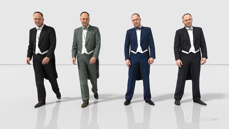 Men Showing Different Colored Formal Suits With Tailcoats And Bow Ties 3d model 