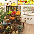 Bright Neat Fruit Store Interior With Fruit Displays And Chairs