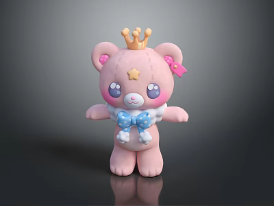 Pink Plush Doll With Golden Crown Star On Forehead And Blue Polka Dot Bow Tie 3d model