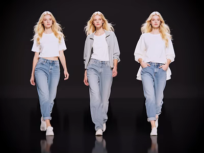 Three Blond Women Modeling White Tops And Blue Jeans On Black Background 3d model