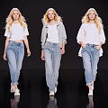 Three Blond Women Modeling White Tops And Blue Jeans On Black Background