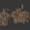 3D Fractured Rock Formation With Green Moss And Jagged Surface Details